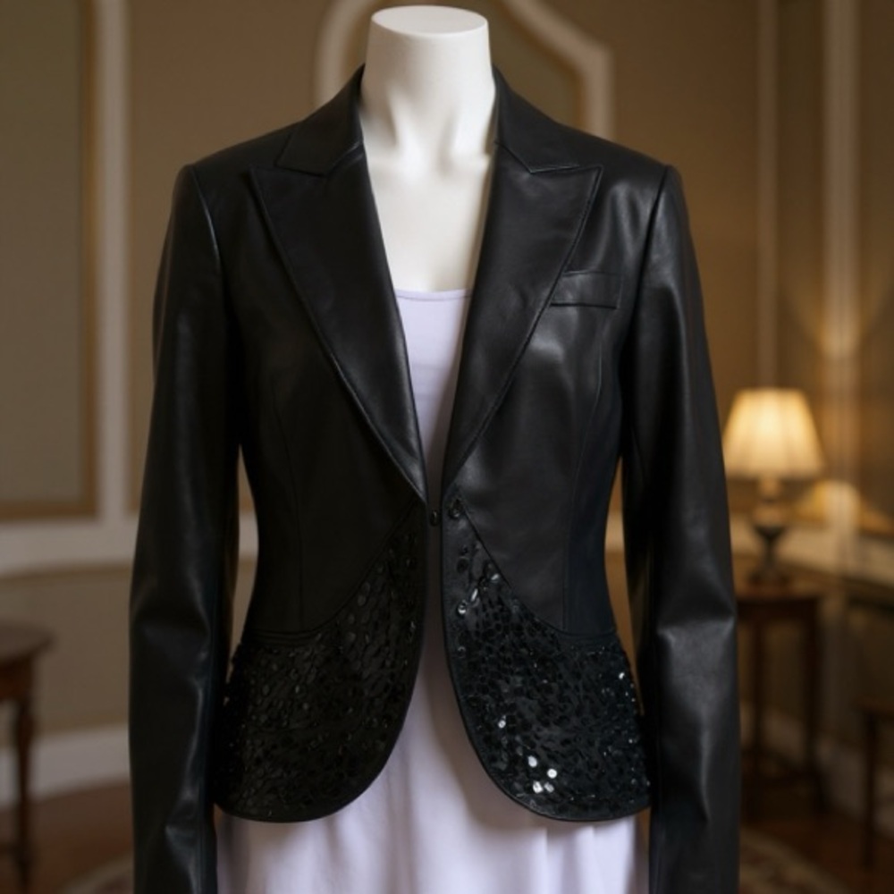 Lafayette 148 New York Black Women's Leather Lambskin Blazer Jacket Size 10